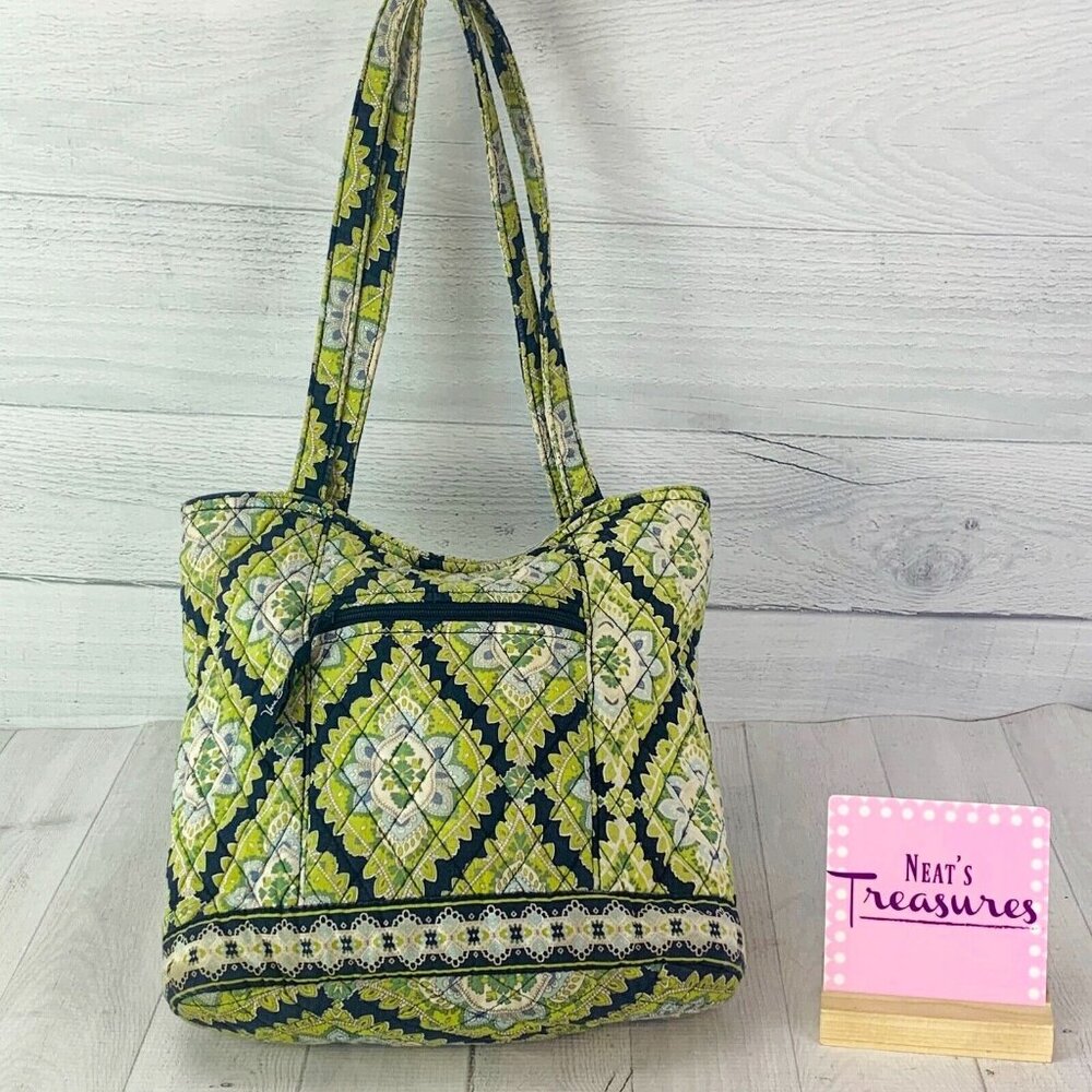 Vera Bradley CAMBRIDGE Retired Green Navy Shoulder Straps Tote Bag Bucket Purse